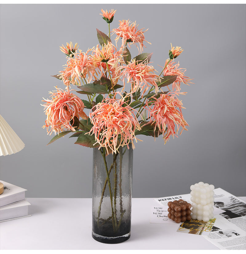 Tiges de chrysanthème artificielles en vrac de 27 pouces, feuillage d'allum triple corail, centre de table d'automne en gros 