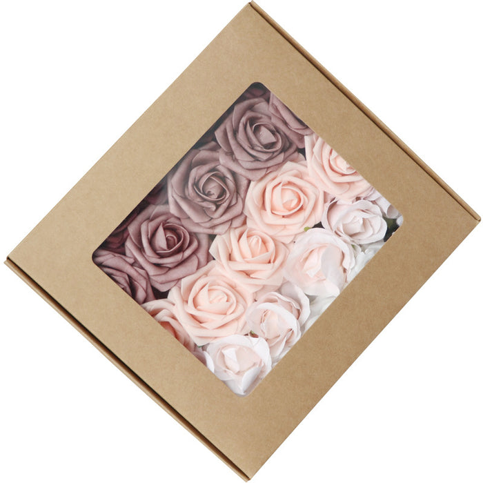 Caja de flores artificiales de toque Real de rosas mixtas de champán a granel con tallos al por mayor 