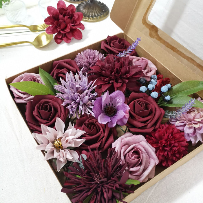 Bulk Burgundy Dahlia Artificial Flowers Combo Box Set with Stems Wholesale