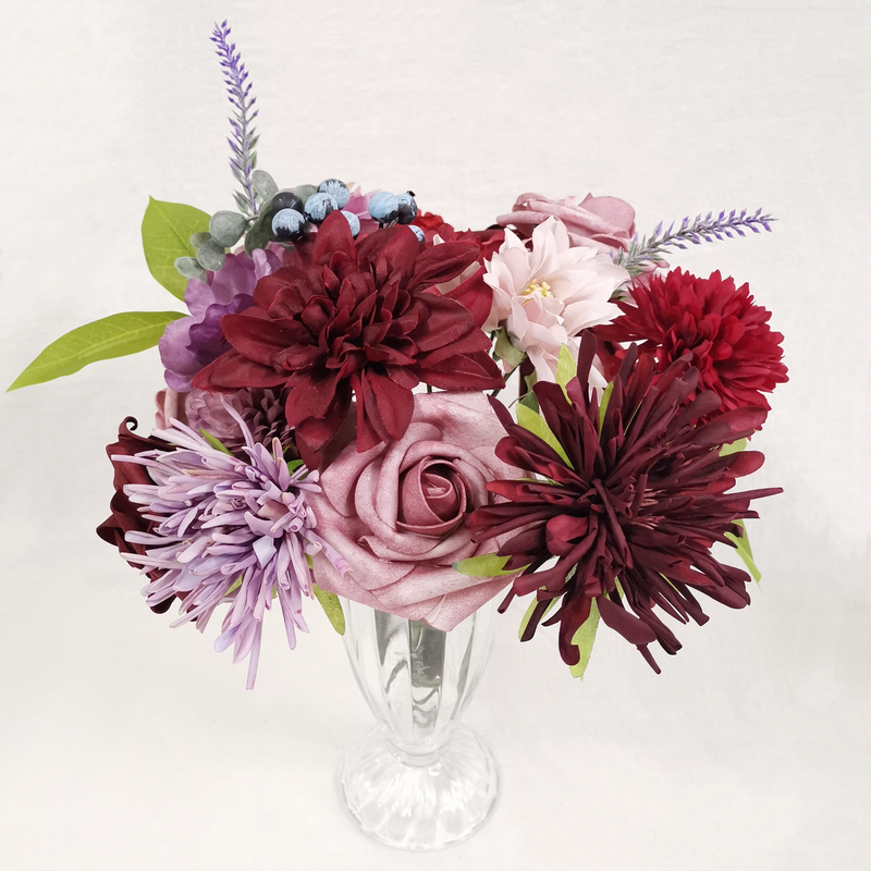 Coffret de fleurs artificielles de dahlia bordeaux en vrac avec tiges en gros 