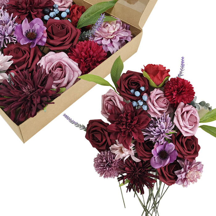 Caja combinada de flores artificiales de Dalia de Borgoña a granel con tallos al por mayor 