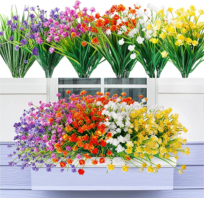 Bulk 8 Bundles Anti-UV Artificial Flowers for Outdoors Plastic UV Resistant Shrubs Plants for Garden Wedding Farmhouse Indoor Outdoor Decor Wholesale
