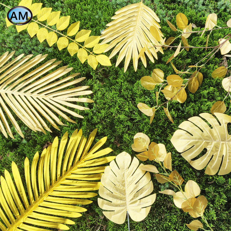 Bulk Artificial Realistic Golden Plants Leaf Tropical Palm Leaf Decorations for Balloon Garland Decor Wedding Birthday Tropical Jungle PartyWholesale