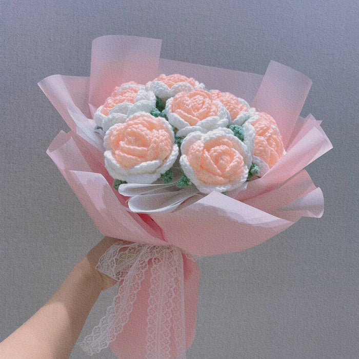 Bulk Luxury Handmade Artificial Knitted Wool Flowers Pink Rose Bouquet Gifts Wholesale