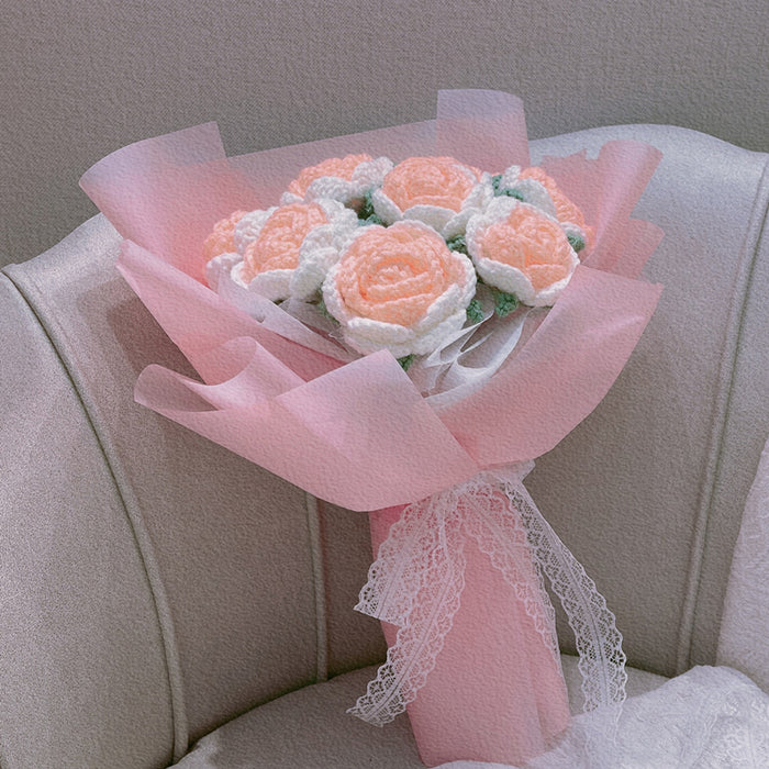 Bulk Luxury Handmade Artificial Knitted Wool Flowers Pink Rose Bouquet Gifts Wholesale