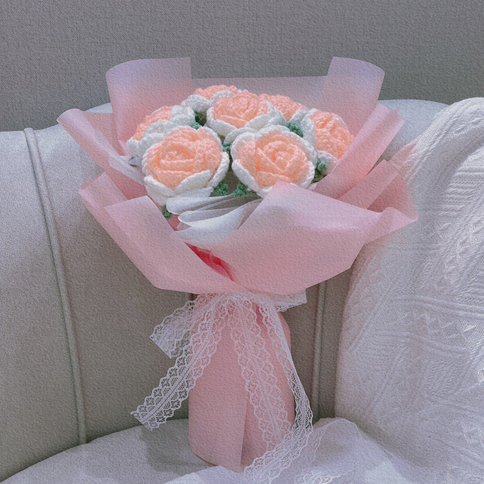 Flores de lana tejidas artificiales hechas a mano de lujo a granel regalos de ramo de rosas rosadas al por mayor 