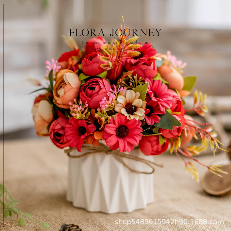 Flores artificiales a granel de 6" en jarrón Ramo de peonías y margaritas en maceta al por mayor