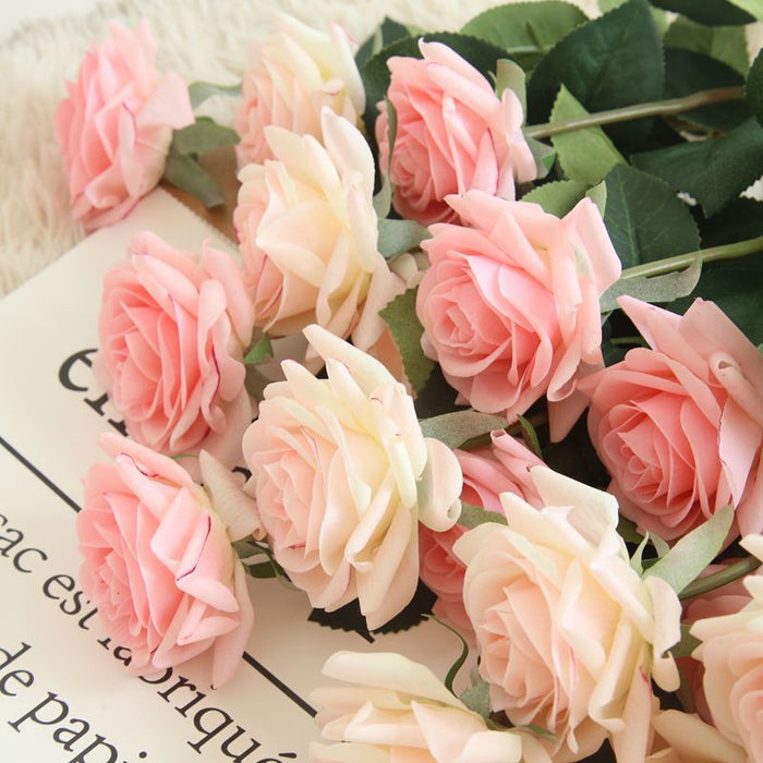 Venta al por mayor de flores de seda de tallos de rosa de 17 "a granel 