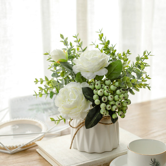 Bulk 7“ Artificial Flower in Vase Rose and Berries Bouquet Floral Arrangement Wholesale