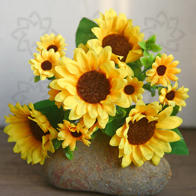 Venta al por mayor de flores artificiales de seda de arbusto de girasol de 13 "a granel