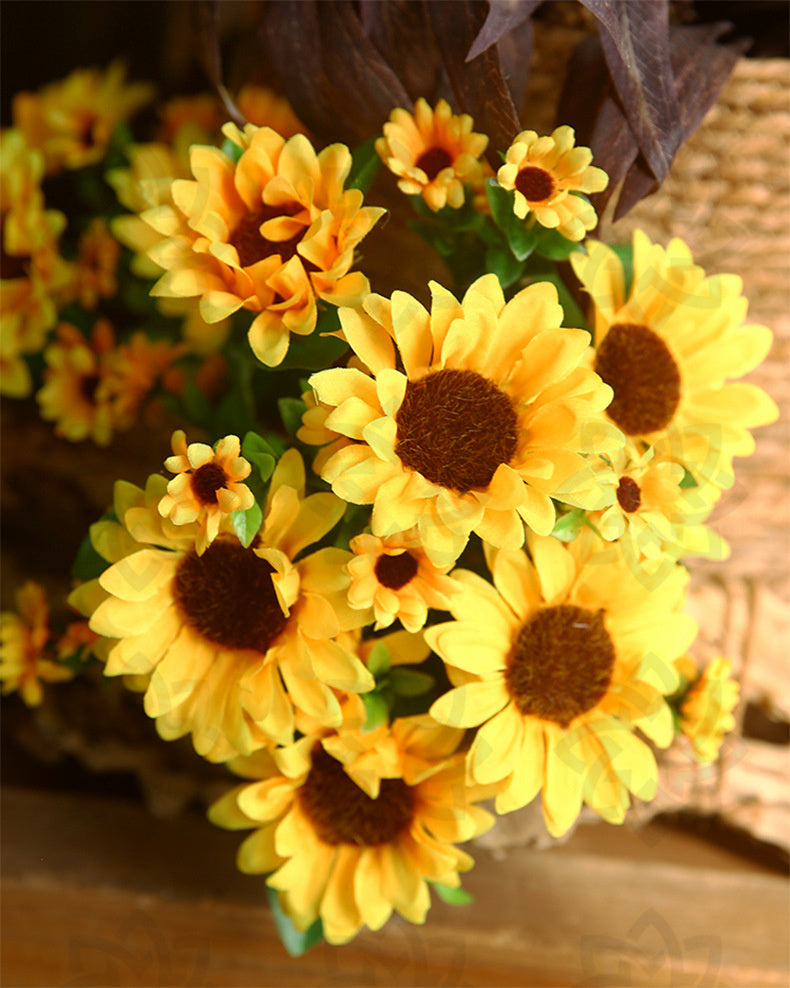 Venta al por mayor de flores artificiales de seda de arbusto de girasol de 13 "a granel