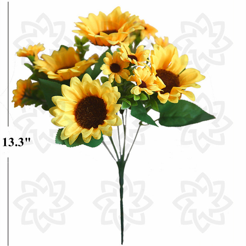 Venta al por mayor de flores artificiales de seda de arbusto de girasol de 13 "a granel