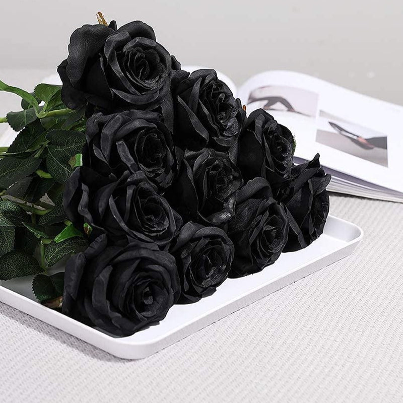 Bulk 10pcs Black Rose Bouquet Silk Flowers Black Halloween Centerpiece Wholesale