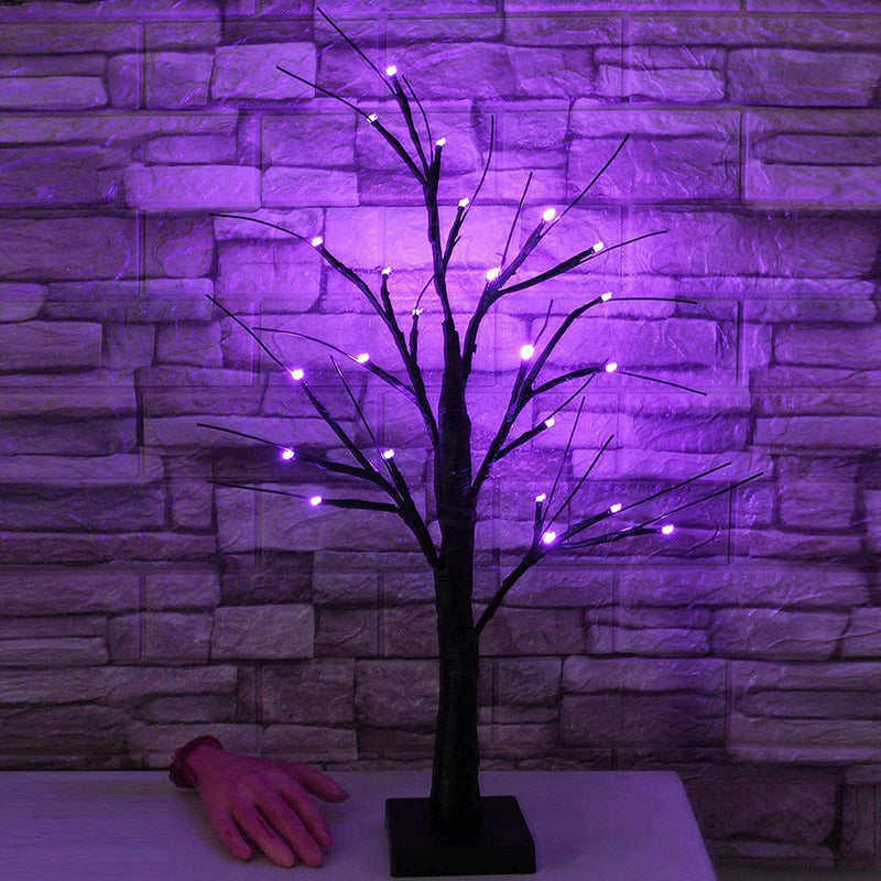Árbol de Halloween negro con 24 luces moradas 