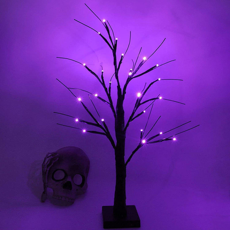 Árbol de Halloween negro con 24 luces moradas 