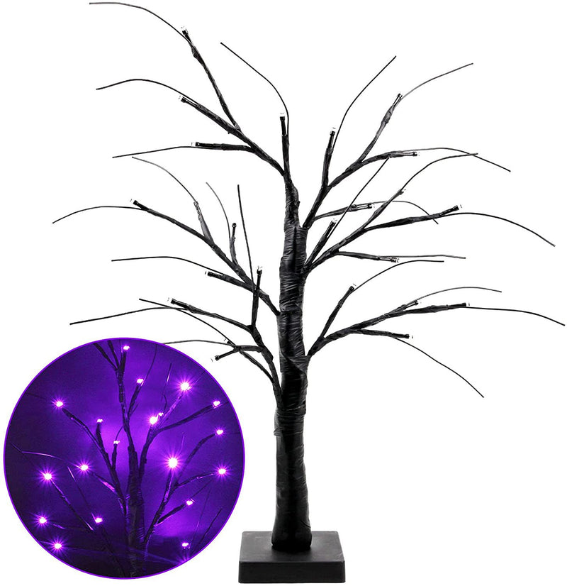 Árbol de Halloween negro con 24 luces moradas 