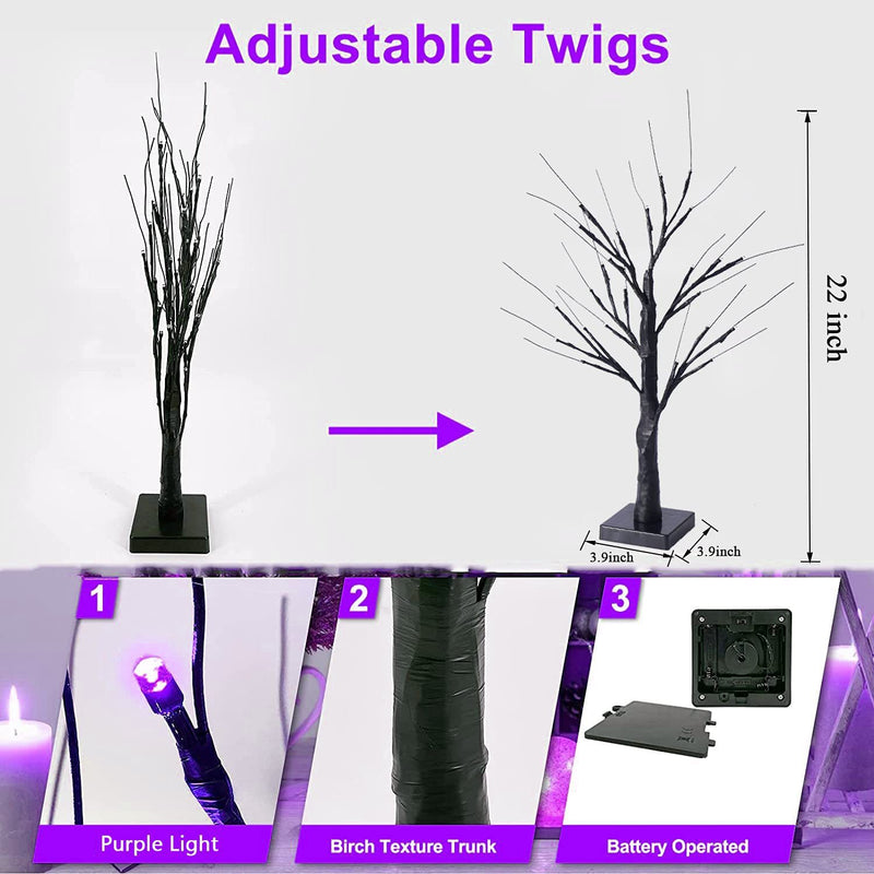 Árbol de Halloween negro con 24 luces moradas 