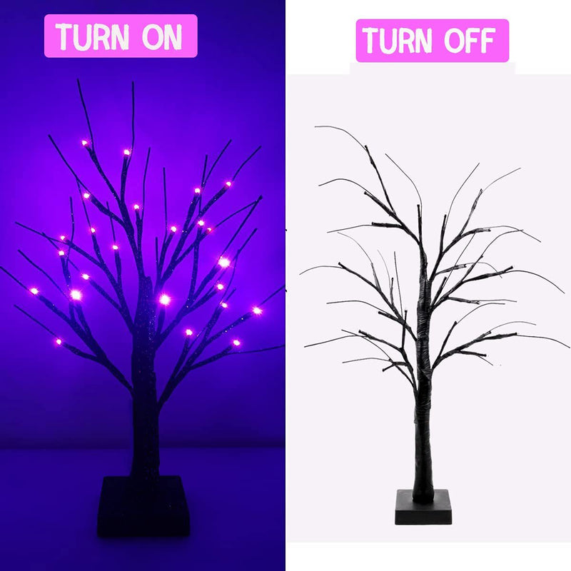 Árbol de Halloween negro con 24 luces moradas 