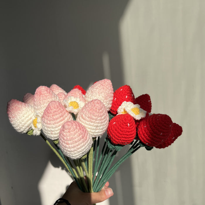 Bulk 2 Pcs Artificial Strawberry Stem Handmade Knitting Crochet Gifts Wholesale