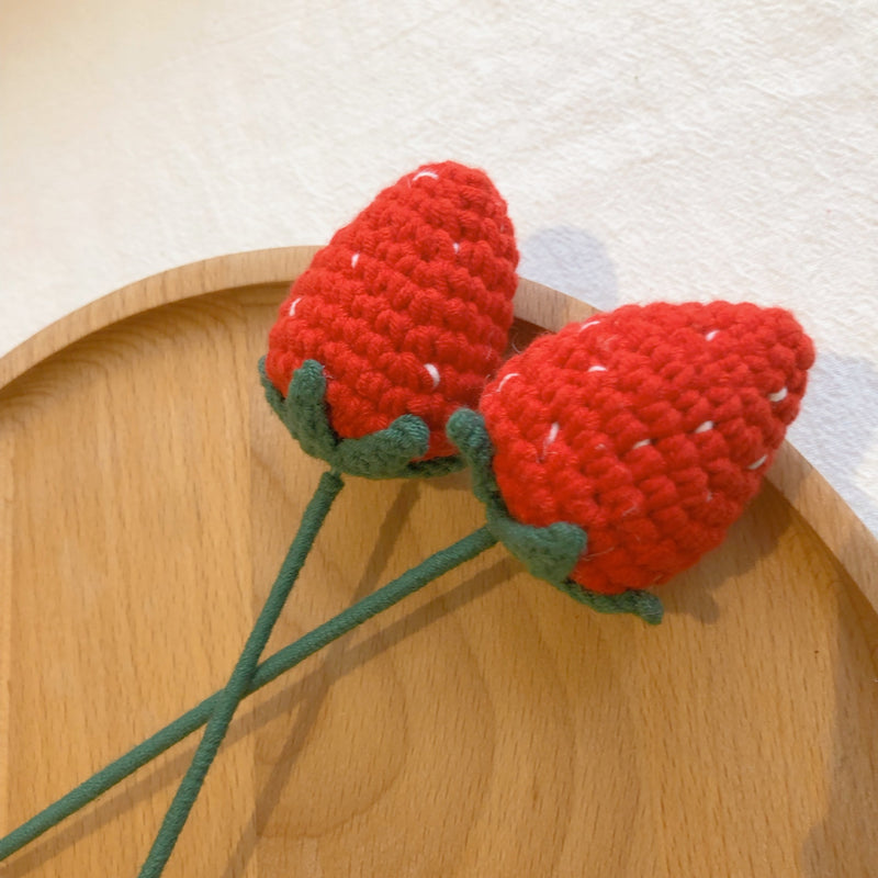 Bulk 2 Pcs Artificial Strawberry Stem Handmade Knitting Crochet Gifts Wholesale