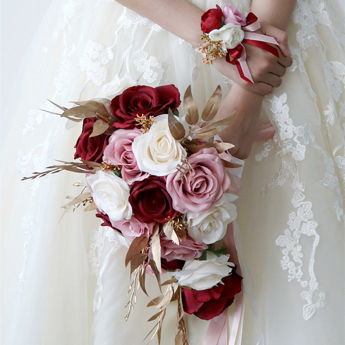 Ramo de novia de rosas en cascada a granel, ramo de boda rosa y rojo, venta al por mayor 