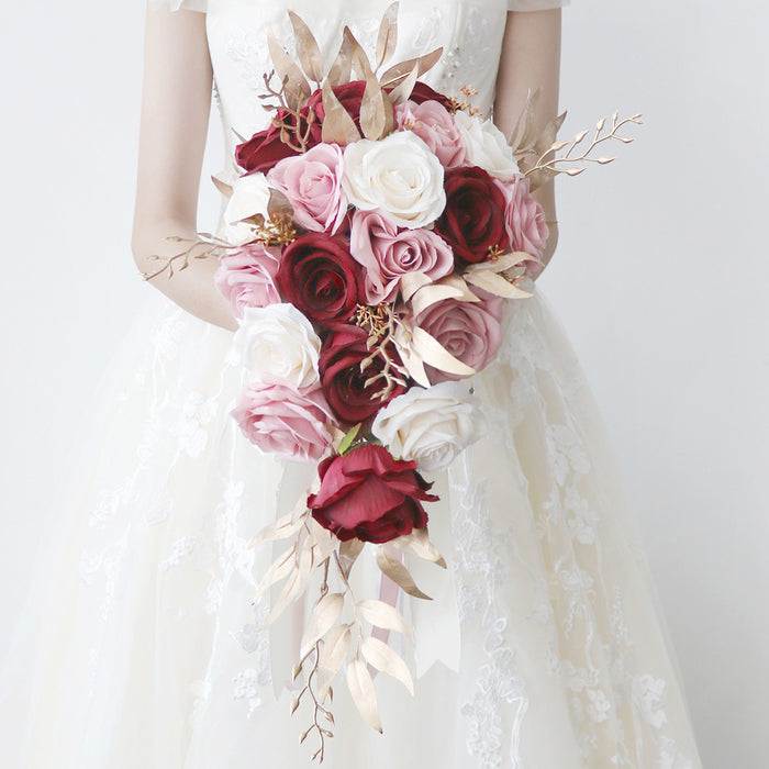 Ramo de novia de rosas en cascada a granel, ramo de boda rosa y rojo, venta al por mayor 