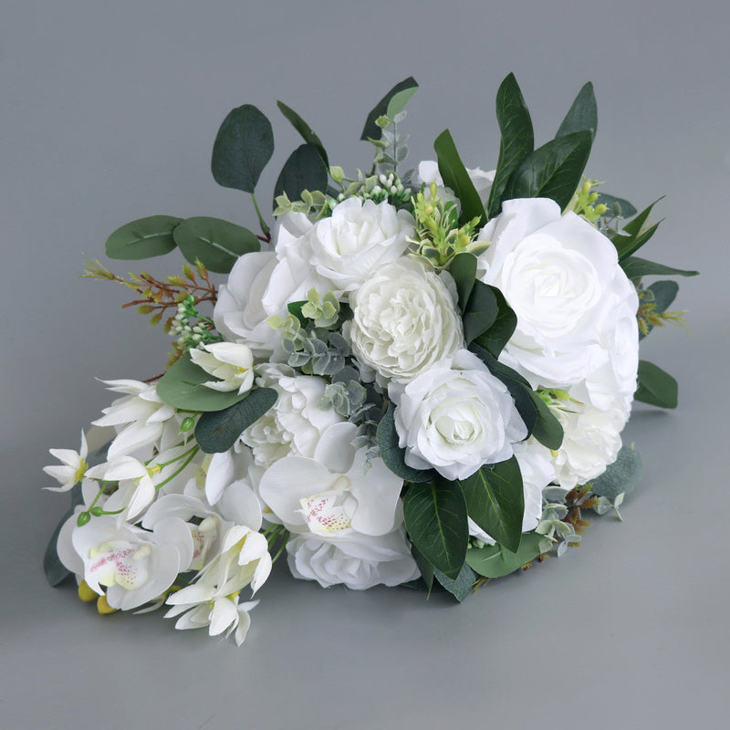 Bouquet de mariée en cascade de roses blanches et d'orchidées en vrac de 11 pouces, bouquet de mariage en gros