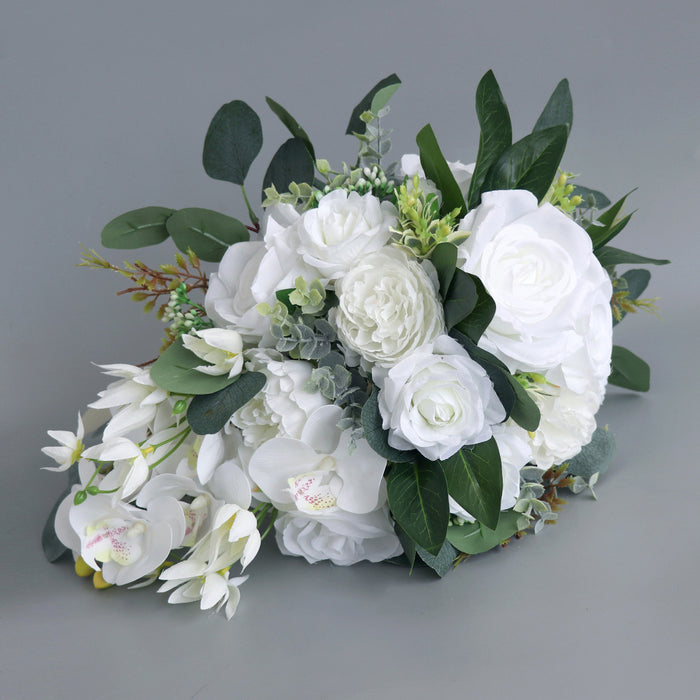 Ramo de novia en cascada de rosas blancas y orquídeas a granel, ramo de boda al por mayor