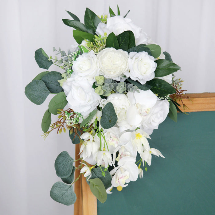 Ramo de novia en cascada de rosas blancas y orquídeas a granel, ramo de boda al por mayor