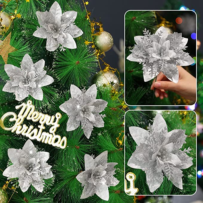 Pack of 100pcs Silver White Poinsettias Artificial Christmas Flowers Wholesale