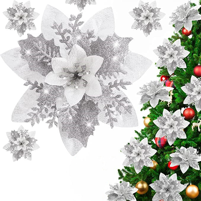 Paquete a granel de 100 piezas de flores de Navidad artificiales de flores de Pascua blancas plateadas al por mayor
