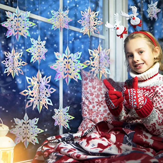 Venta al por mayor de decoraciones iridiscentes 3D de copos de nieve colgantes de Navidad a granel 