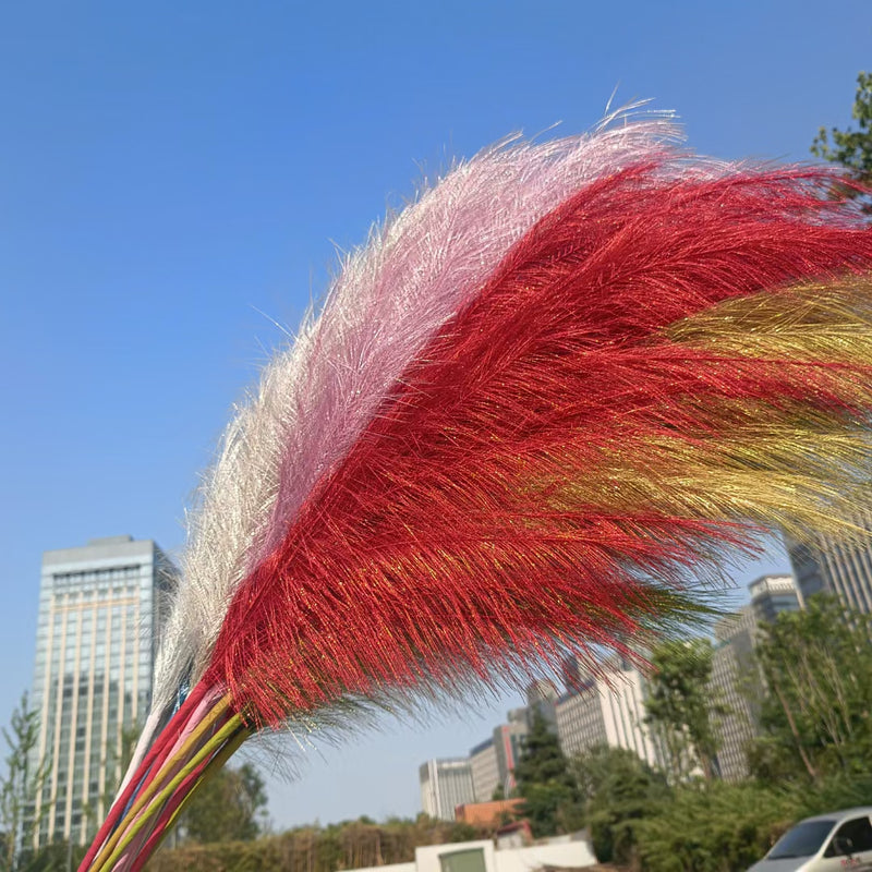 Bulk Set of 3pcs Extra Large 43 Inch Faux Golden Pampas Grass Silver Boho Flowers Wholesale