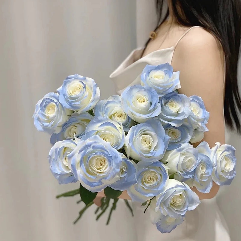 Bulk 18" Rose Stem Gradient Blue Artificial Silk Rose Flowers Wholesale