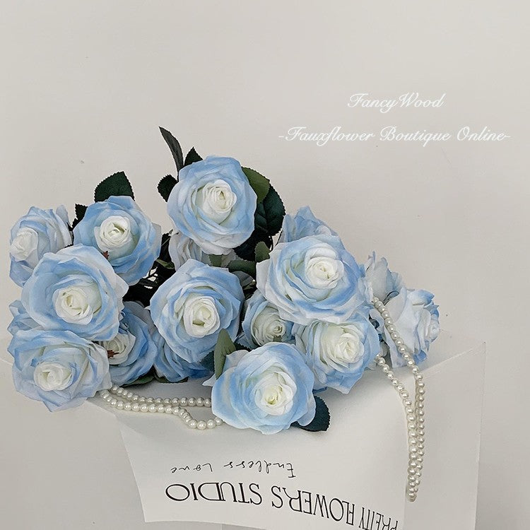 Bulk 18" Rose Stem Gradient Blue Artificial Silk Rose Flowers Wholesale