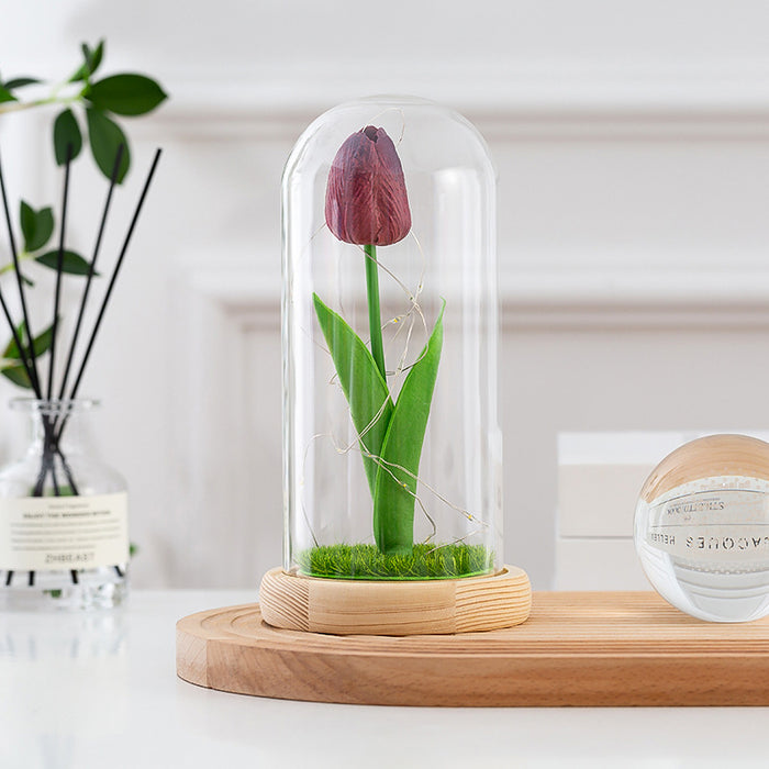 Flores artificiales Forever Tulip en cúpula de cristal con luz LED 