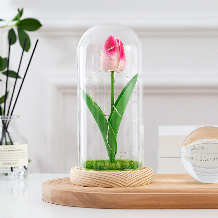 Flores artificiales Forever Tulip en cúpula de cristal con luz LED 