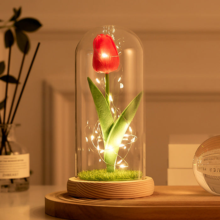 Forever Tulip Artificial Flowers in Glass Dome with Led Light
