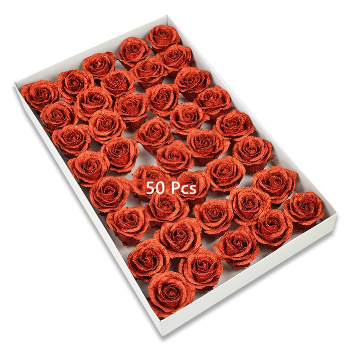 Bulk 50 Pcs 2.3 Inch Glitter Rose Heads Flower Box with Detachable Stems Wholesale