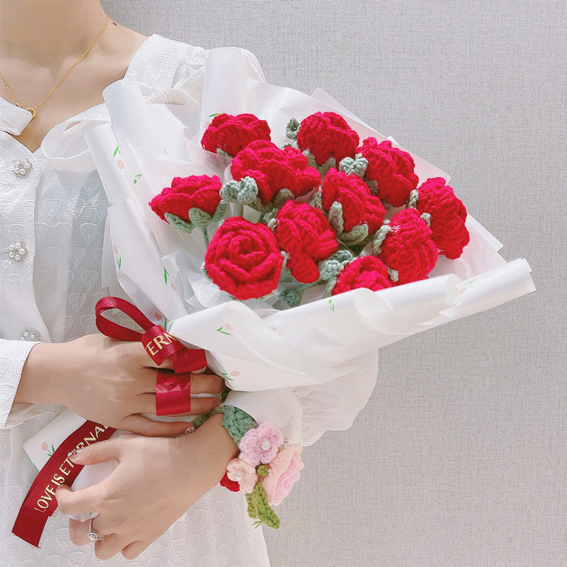 Bulk 9" Knitted Red Rose Crochet Wedding Bouquet  Handmade Gifts Wholesale