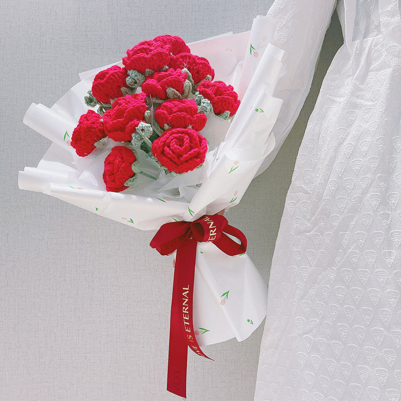 Bulk 9" Knitted Red Rose Crochet Wedding Bouquet  Handmade Gifts Wholesale