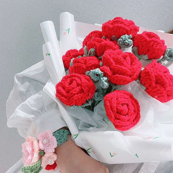 Bulk Handmade Gifts Artificial Knitted Red Rose Crochet Wedding Bouquet Wholesale