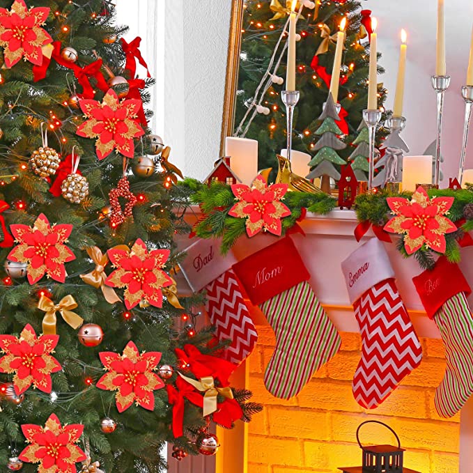 Paquete a granel de 100 PCS Golden Red Poinsettias Flores de Navidad artificiales al por mayor