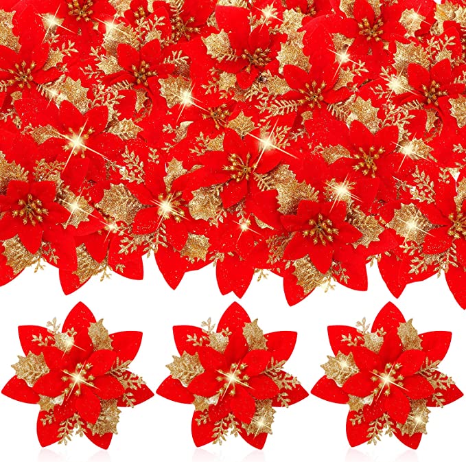 Bulk Pack of 100 PCS Golden Red Poinsettias Artificial Christmas Flowers Wholesale