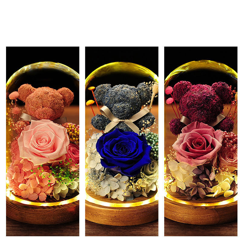 Cadeaux de fleurs préservées en vrac Cadeaux d'ours en mousse de rose avec lumière LED en gros 