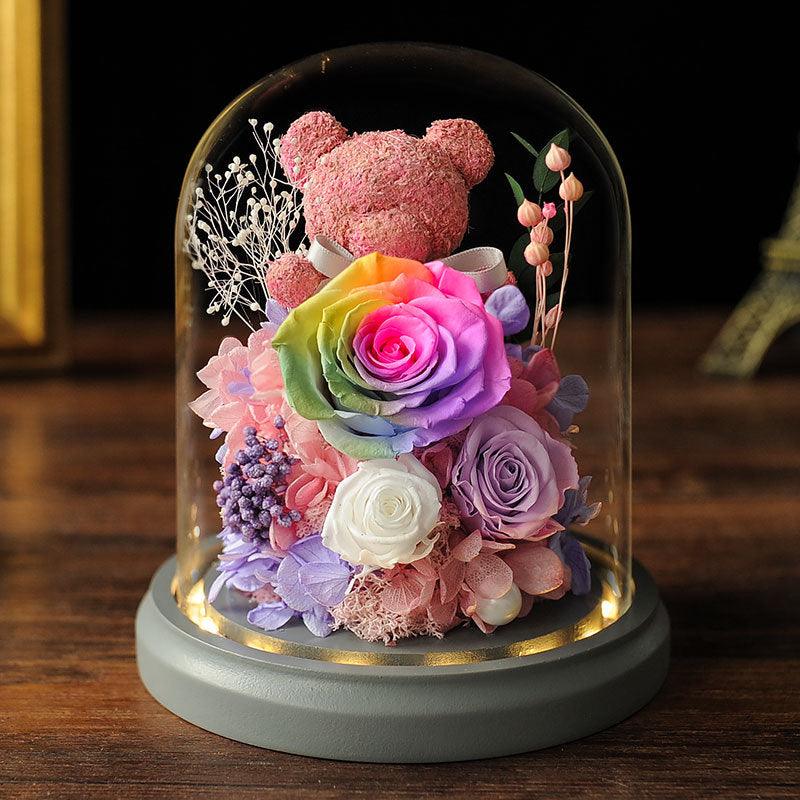 Cadeaux de fleurs préservées en vrac Cadeaux d'ours en mousse de rose avec lumière LED en gros 