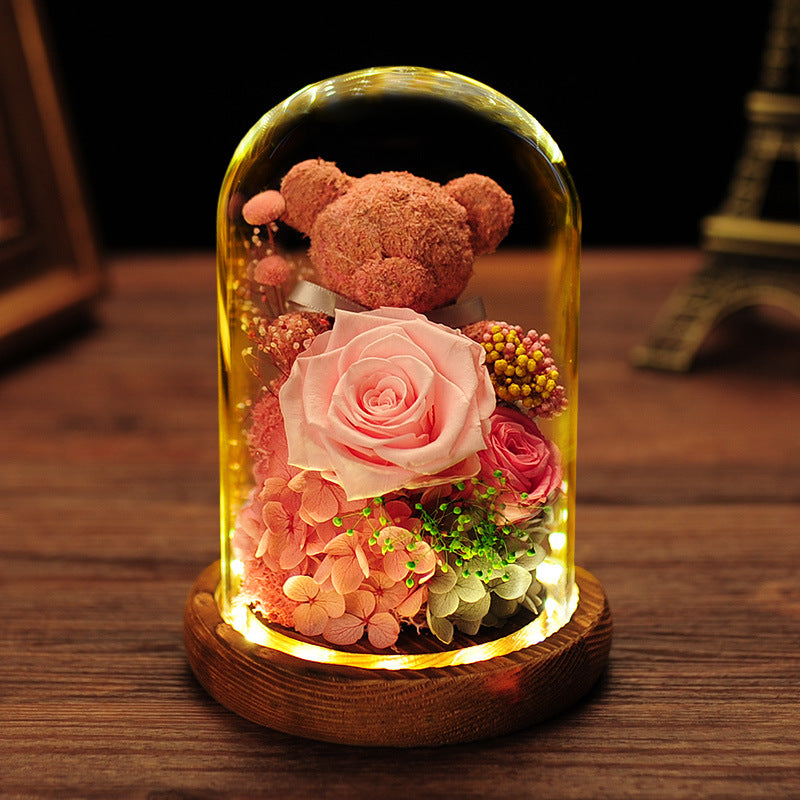 Cadeaux de fleurs préservées en vrac Cadeaux d'ours en mousse de rose avec lumière LED en gros 