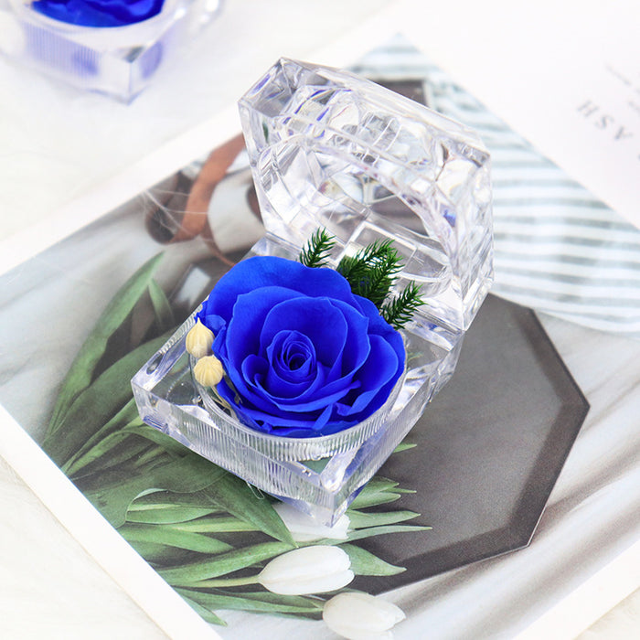 Regalos de rosas preservadas para siempre en caja de anillo de acrílico transparente 
