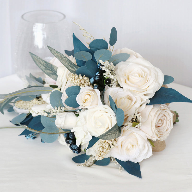 Bulk 11" Cascading Noble Navy Blue And Champagne Rose Wedding Bouquets Wholesale