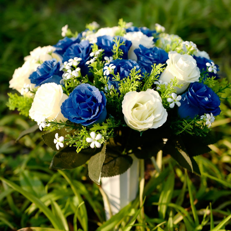Bulk Exclusive 22 Colors Cemetery Flowers Roses Bush Bouquets in Vase Artificial Flowers for Graves and Memorials Arrangements Wholesale